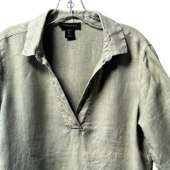 Tahari Loose Boxy Pullover Top Women Medium 100% Linen 3/4 Sleeve V-Neck Green - Picture 2 of 6